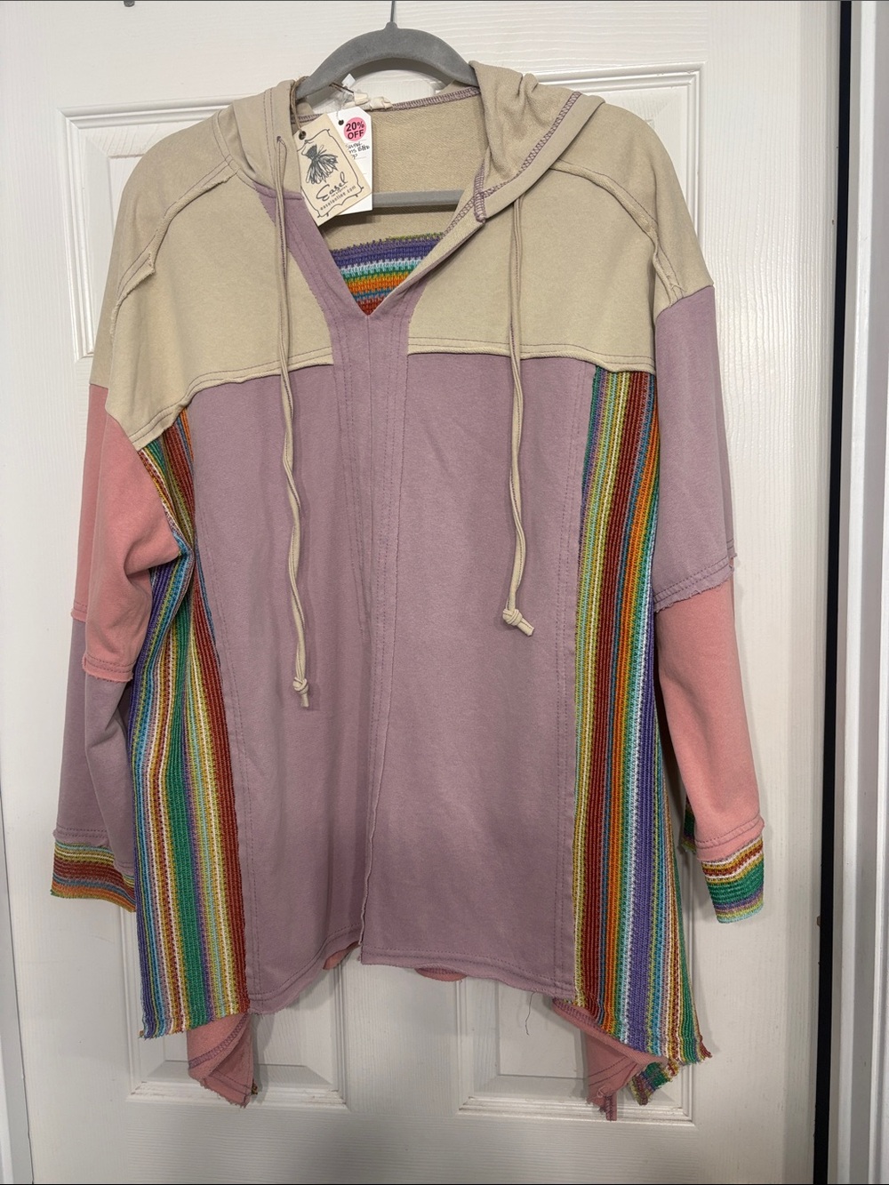 New Easel Boho Hooded Patchwork Sweatshirt - Lavender Pink